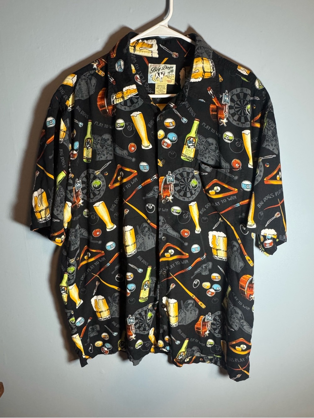 Big Dogs Beer & Pool Graphic Button Up Shirt | Large Hawaiian Vintage